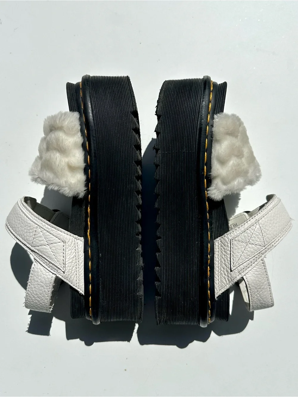 Dr. Martens Voss White Faux-Fur & Leather Platform Sandals Black Sole, UK 4 US 6